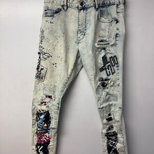 Smoke Rise Demon Illusion Jeans Mens 36x32 Blue Distressed Graphic Streetwear